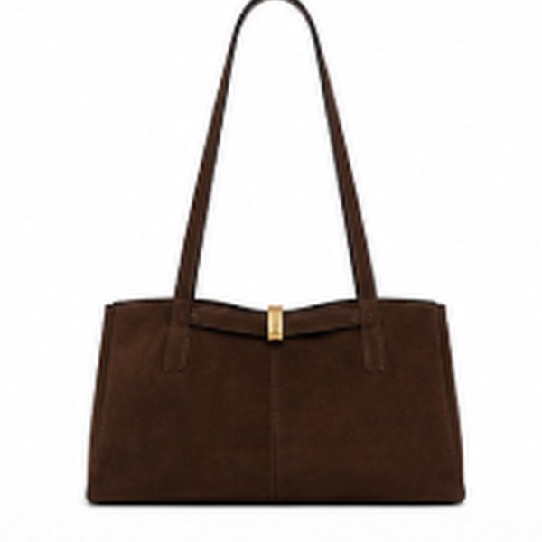 Brown suede handbag with a gold clasp